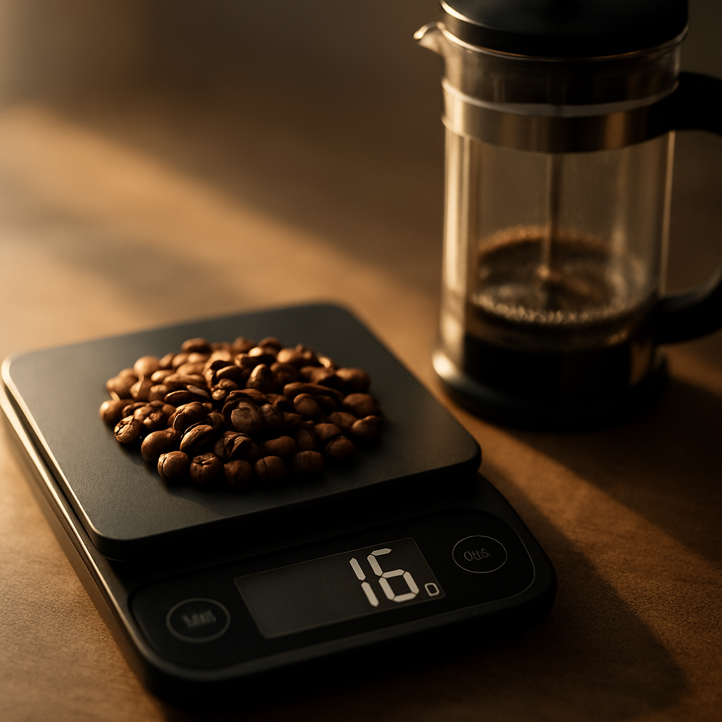 A close‑up of a digital kitchen scale displaying 16 g of coffee beans next to a French press, with a soft morning light highlighting the beans. Alt: Measuring coffee beans accurately for French press coffee ratio