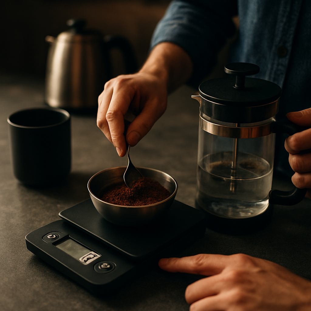 A person adjusting coffee measurements on a kitchen counter, measuring coffee and water with a scale, Alt: Adjusting French press coffee ratio for personal taste