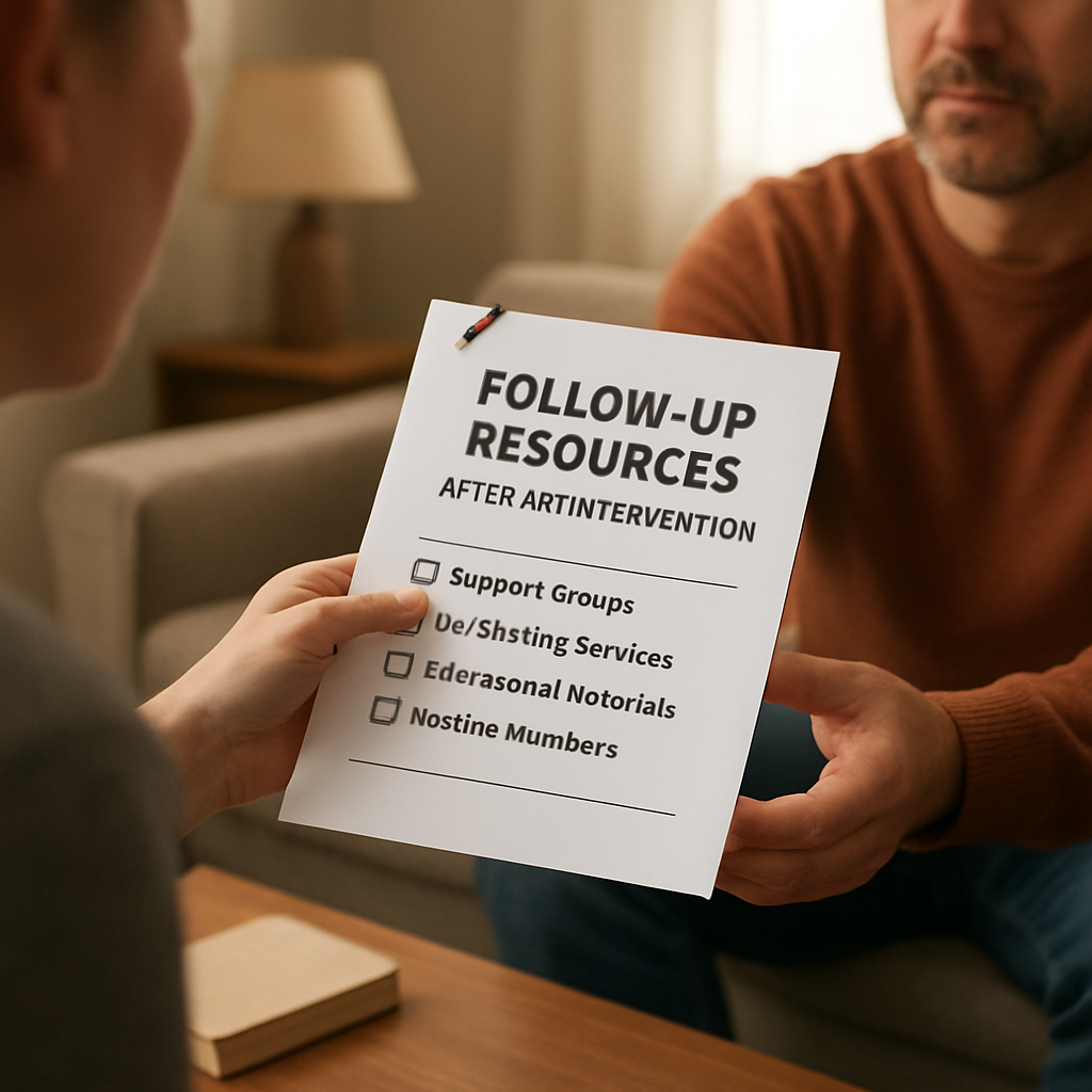A photorealistic scene of a family member handing a neatly organized resource packet to a loved one in a cozy living room, soft natural lighting, realistic textures, showing support and follow‑up after an intervention. Alt: Follow‑up resources after an intervention guide.