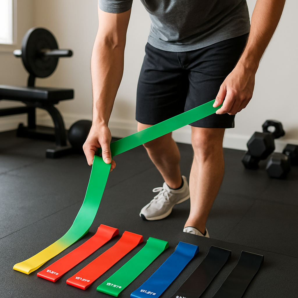 A person in a home gym selecting a colorful set of resistance bands; bands laid out by varying resistance levels. Alt: Colorful resistance bands for shoulder band exercises showing different resistance levels.