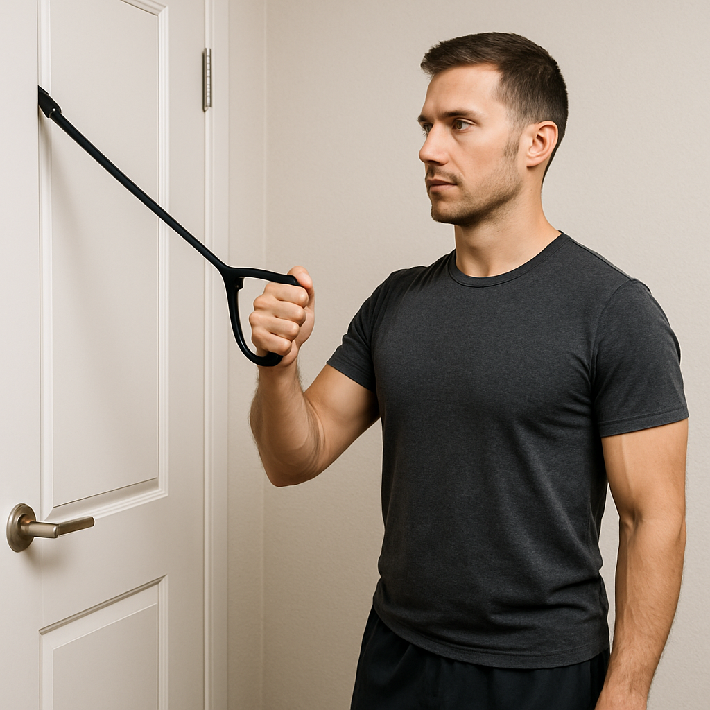 A person performing intermediate shoulder band exercises standing with a resistance band anchored to a door handle, focusing on controlled shoulder rotations. Alt: Intermediate shoulder band exercises demonstrating strength and stability improvement.