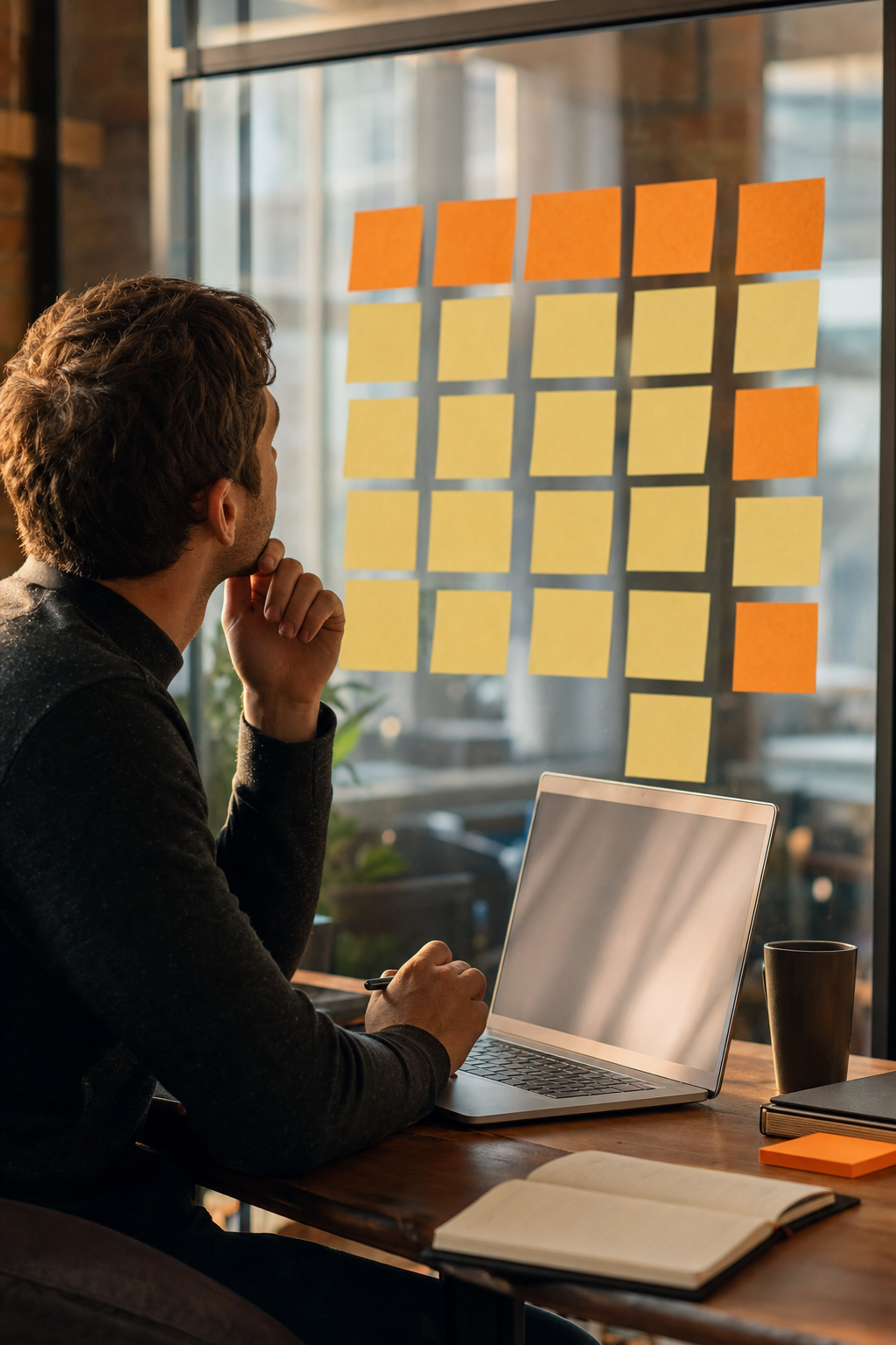 Cinematic scene of a SaaS founder sitting at a wooden desk with a laptop open, surrounded by sticky notes on a glass wall showing podcast show names and categories, warm afternoon light, shallow depth of field. Alt: SaaS founder researching target podcasts for a guest pitch campaign.