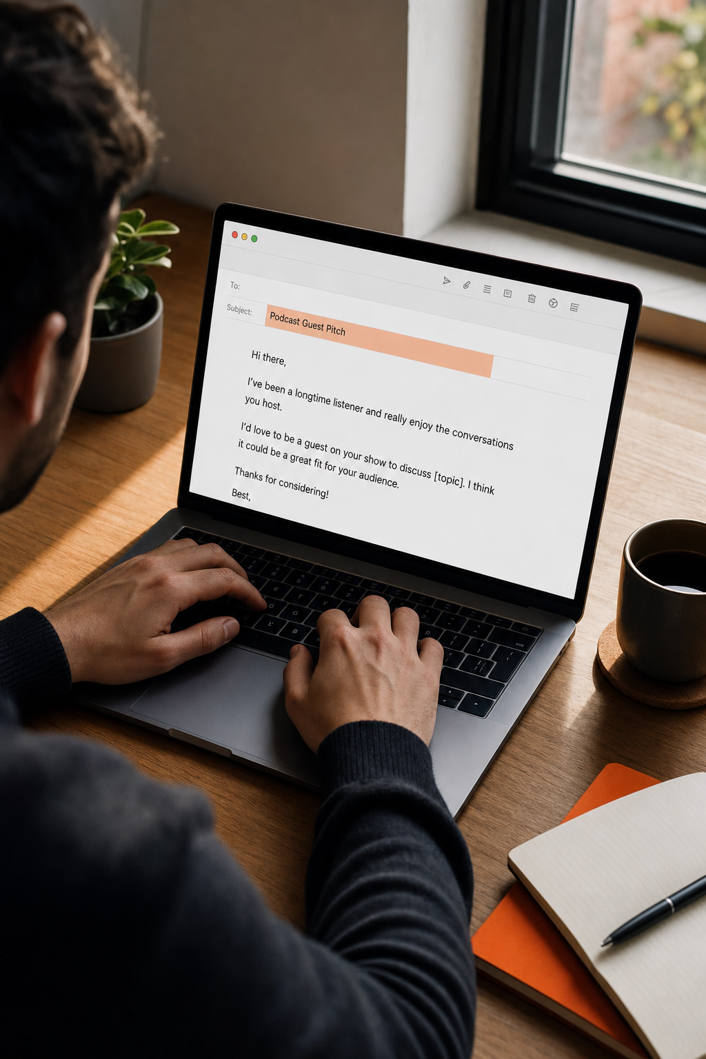 Cinematic overhead view of a laptop screen displaying a clean, short email draft with highlighted subject line text, a cup of coffee beside it, natural window light casting soft shadows on a minimal workspace. Alt: SaaS founder writing a podcast guest pitch email on a laptop.