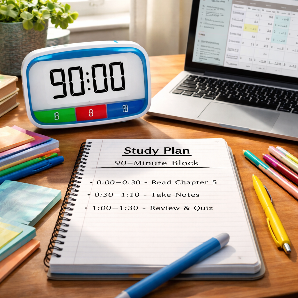 A photorealistic scene of a student desk with a timer, notebooks, and a laptop, illustrating planning a 90 minute study block. Alt: planning 90 minute study block with timer and materials.