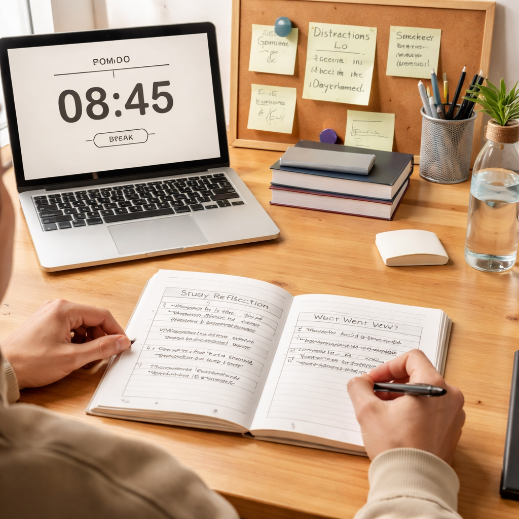A photorealistic scene of a student at a tidy desk, laptop open with a Pomodoro timer visible, sticky notes with distraction logs, and a notebook showing a quick reflection table. Alt: Realistic image of executing and reviewing a 90‑minute study block.