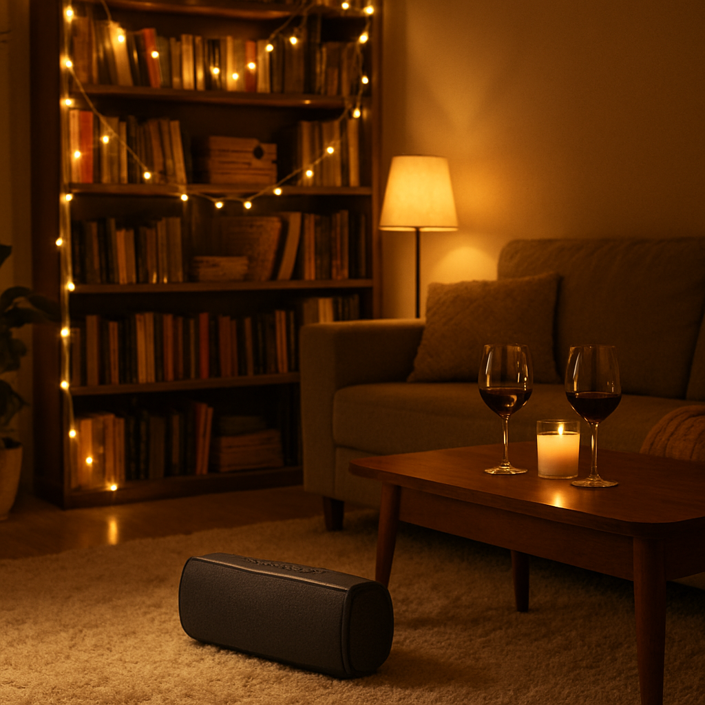 A cozy living room with dimmed warm lighting, fairy lights draped across a bookshelf, a soft rug, and a Bluetooth speaker playing a romantic playlist. Alt: Cozy lighting and music setup for a romantic at‑home date night.