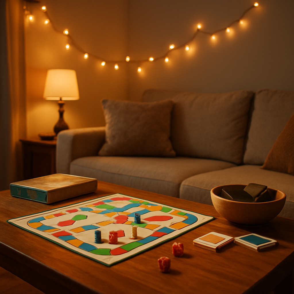 A cozy living room with a board game spread on a coffee table, fairy lights overhead, and a bowl of phones tucked away. Alt: Fun date night games and activities at home