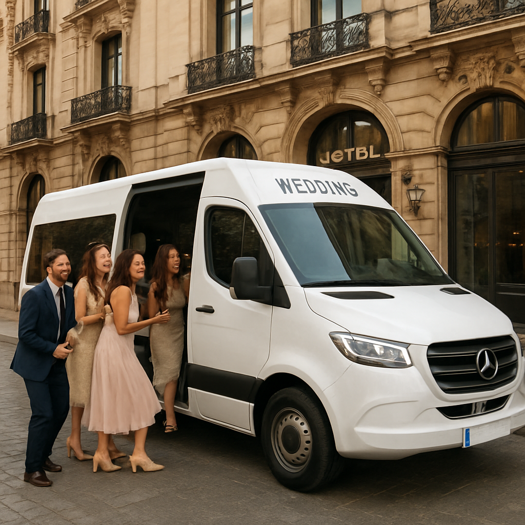 A modern white minibus with a “Wedding Shuttle” sign parked outside a historic Madrid hotel, guests laughing as they board. Alt: Wedding shuttle service in Madrid, comfortable transport for wedding guests