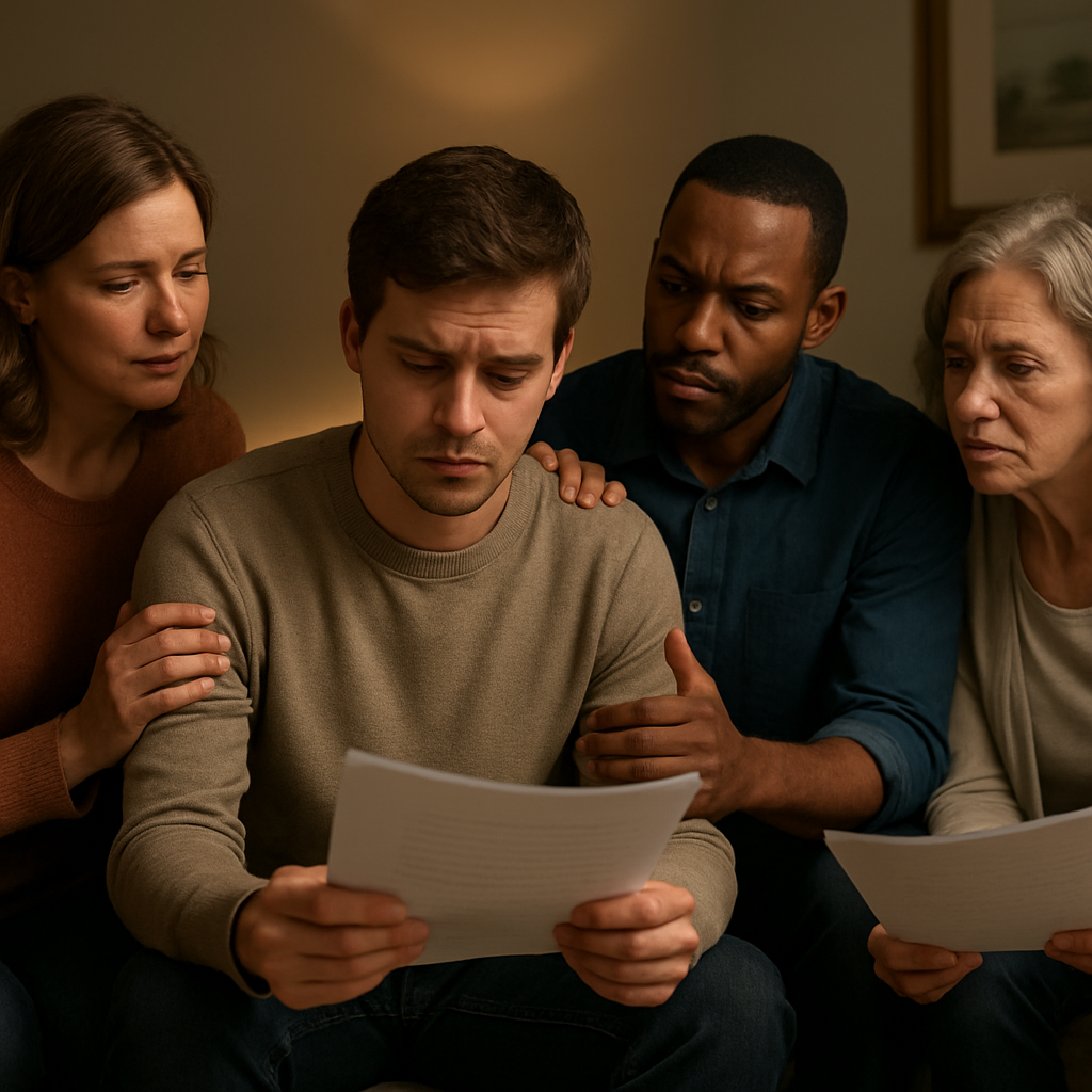 A warm living‑room setting with a small circle of family members holding printed scripts, a gentle lamp casting soft light, and a calm expression on the person being helped. Alt: Compassionate intervention setting with supportive team.