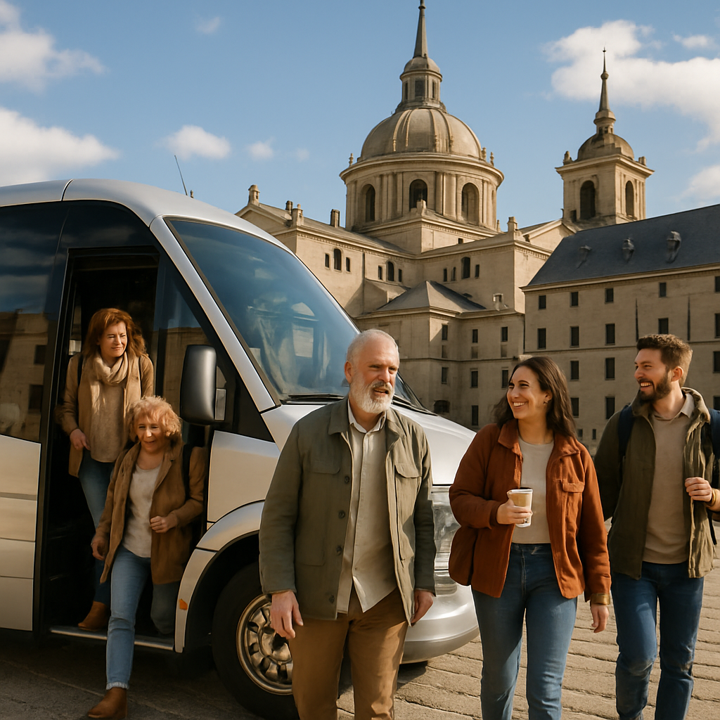 A cozy group of travelers stepping off a luxury minibus in front of the majestic El Escorial monastery, bright daylight showing the historic architecture beautifully. Alt: Minibus hire from Madrid to El Escorial day trip group arriving at the historic monastery.