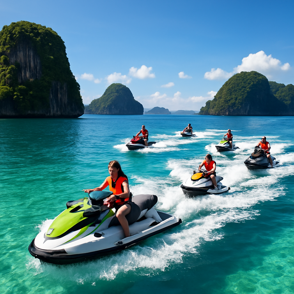 A sunlit turquoise bay with a group of jetskis gliding over crystal-clear water near Phuket’s islands, capturing the thrill and beauty of a perfect jetski tour. Alt: jetski tour phuket with clear blue sea and island backdrop