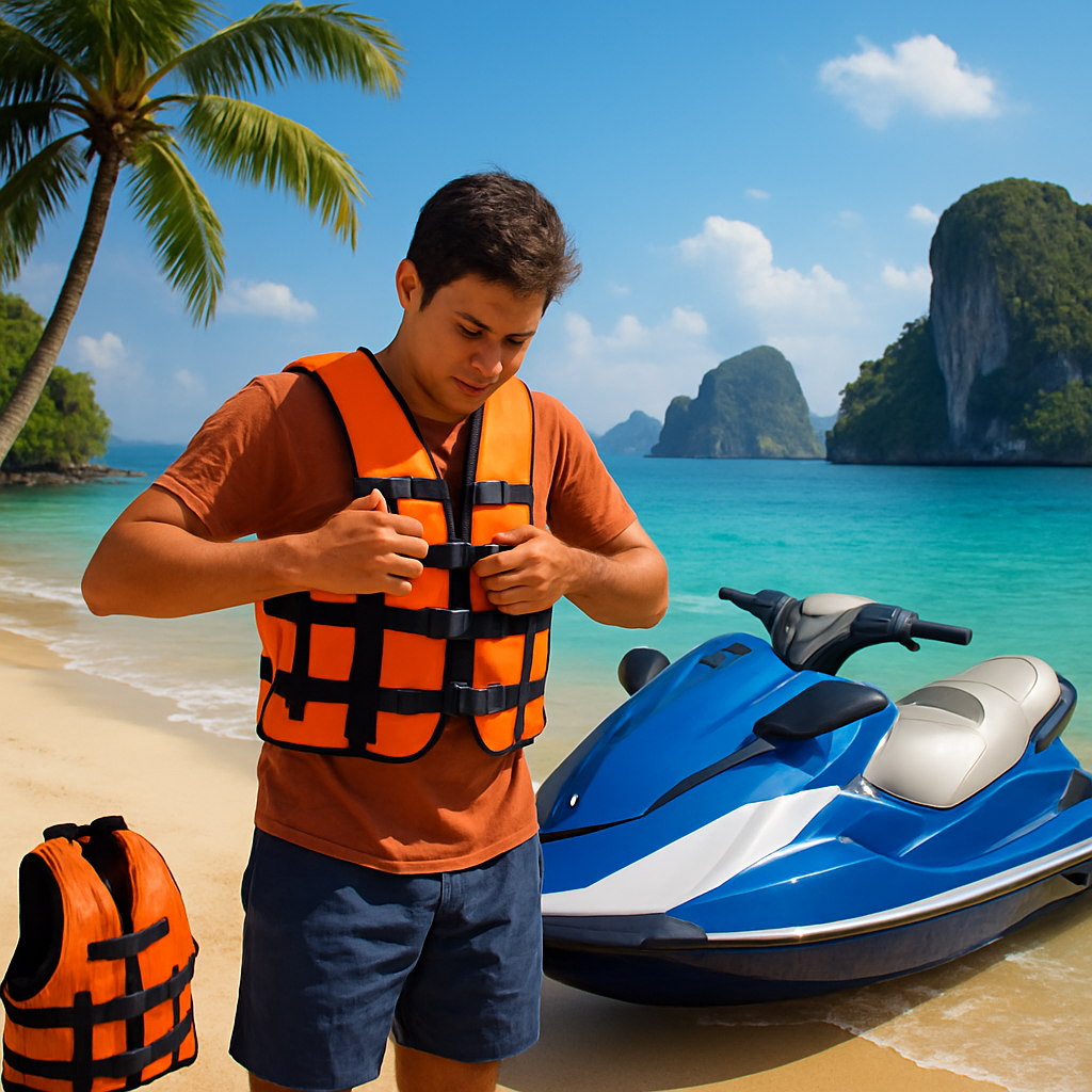 A vibrant, sunny scene showing a person putting on a life jacket next to a bright blue jetski on the beach, tropical island landscapes in the background. Alt: Preparing for a jetski tour in Phuket with gear and safety equipment on the sandy shore.