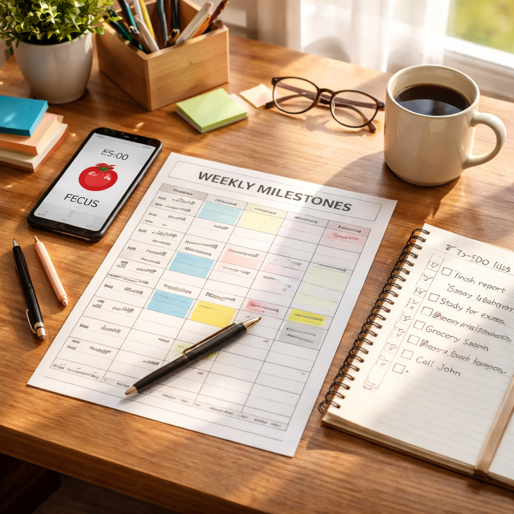 A photorealistic scene of a home office desk with a printed weekly milestone grid, a smartphone showing a Pomodoro timer, a coffee mug, and a notebook open to a checklist, bright natural light streaming in, realistic style, reflecting a focused student or freelancer planning their week.