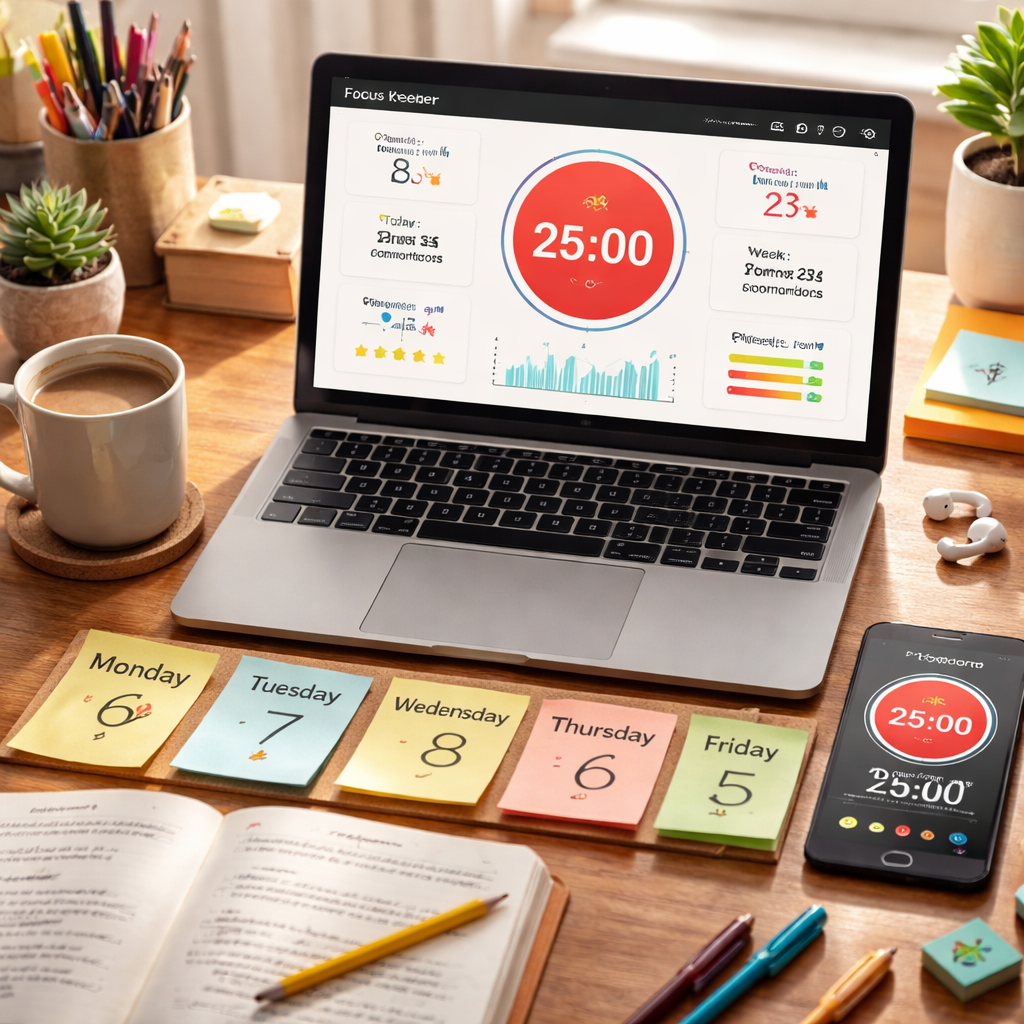 A photorealistic scene of a home office desk with a laptop displaying the Focus Keeper dashboard, sticky notes labeled with Pomodoro milestones, a timer app on a smartphone, and a coffee mug, natural daylight, Realism style, appealing to students, remote workers, freelancers, and busy professionals. Alt: Plan weekly milestones with pomodoros on a realistic desk setup.
