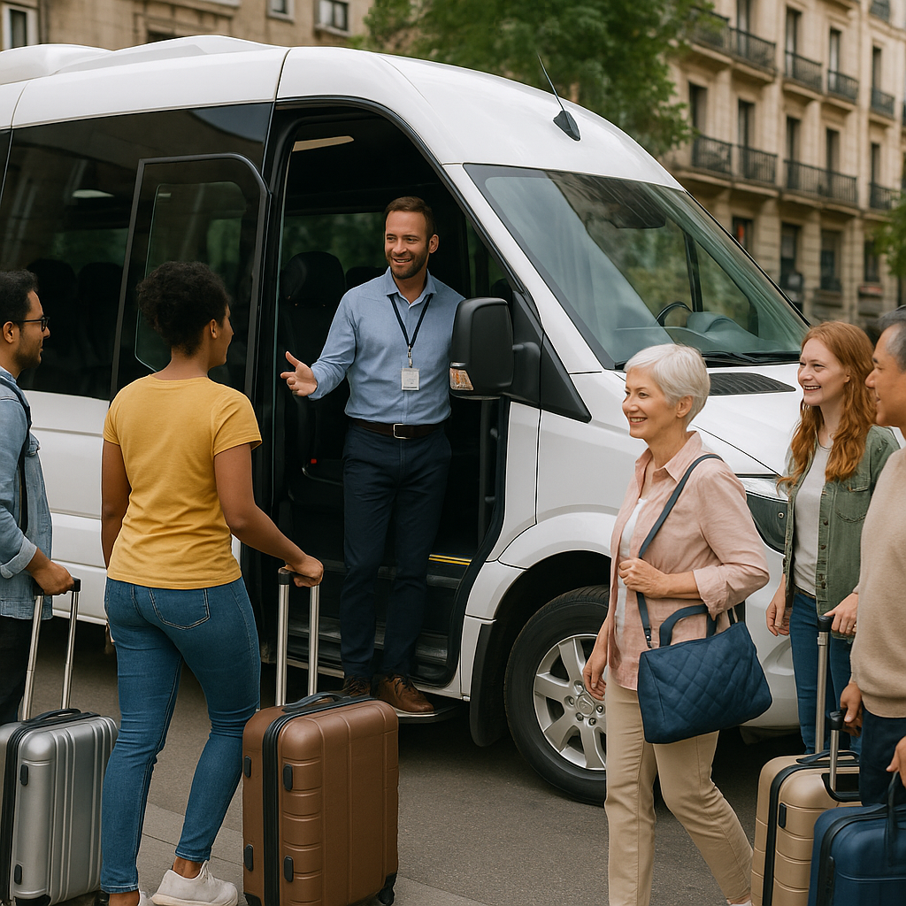 A diverse group boarding a comfortable, modern minibus with luggage - Alt: private minibus hire Madrid to Toledo day trip with guide comfortable modern vehicle