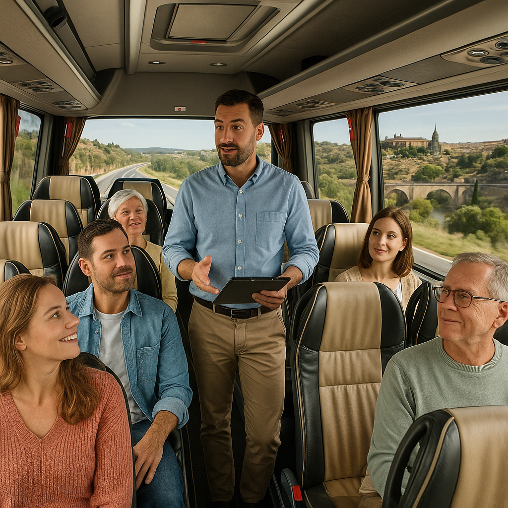 A luxurious minibus on a scenic route from Madrid to Toledo, showing passengers comfortably seated inside, with a friendly guide explaining the itinerary. Alt: Private minibus hire Madrid to Toledo day trip with guide ensuring passenger comfort and convenience.