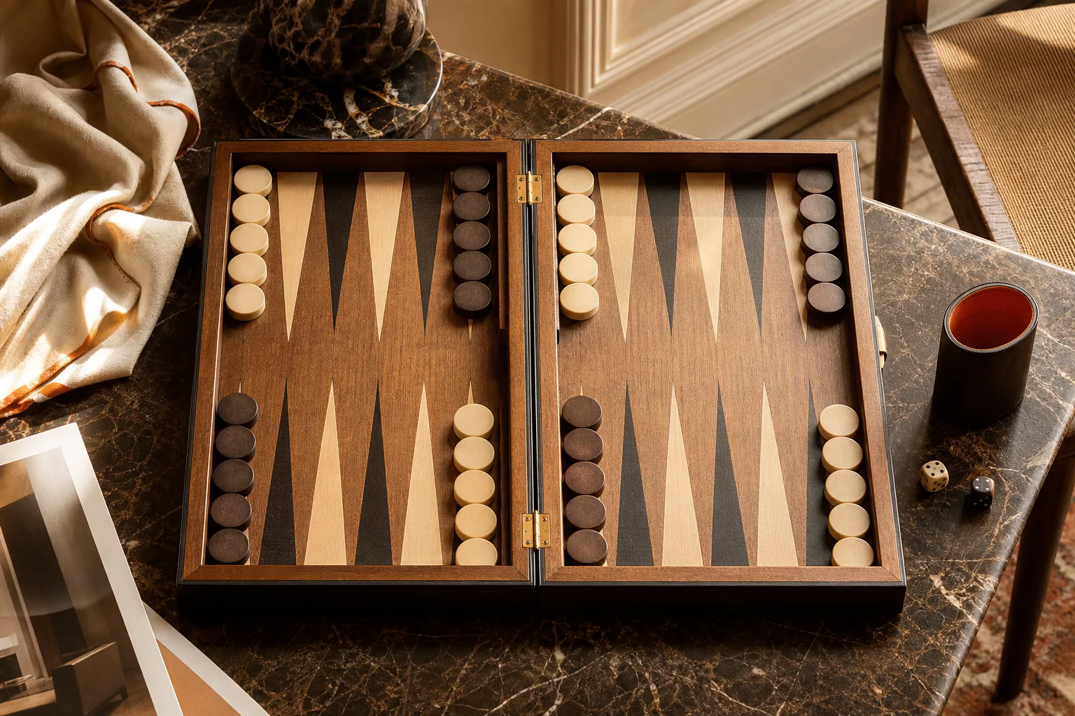 backgammon board setup with 15 checkers in starting position.