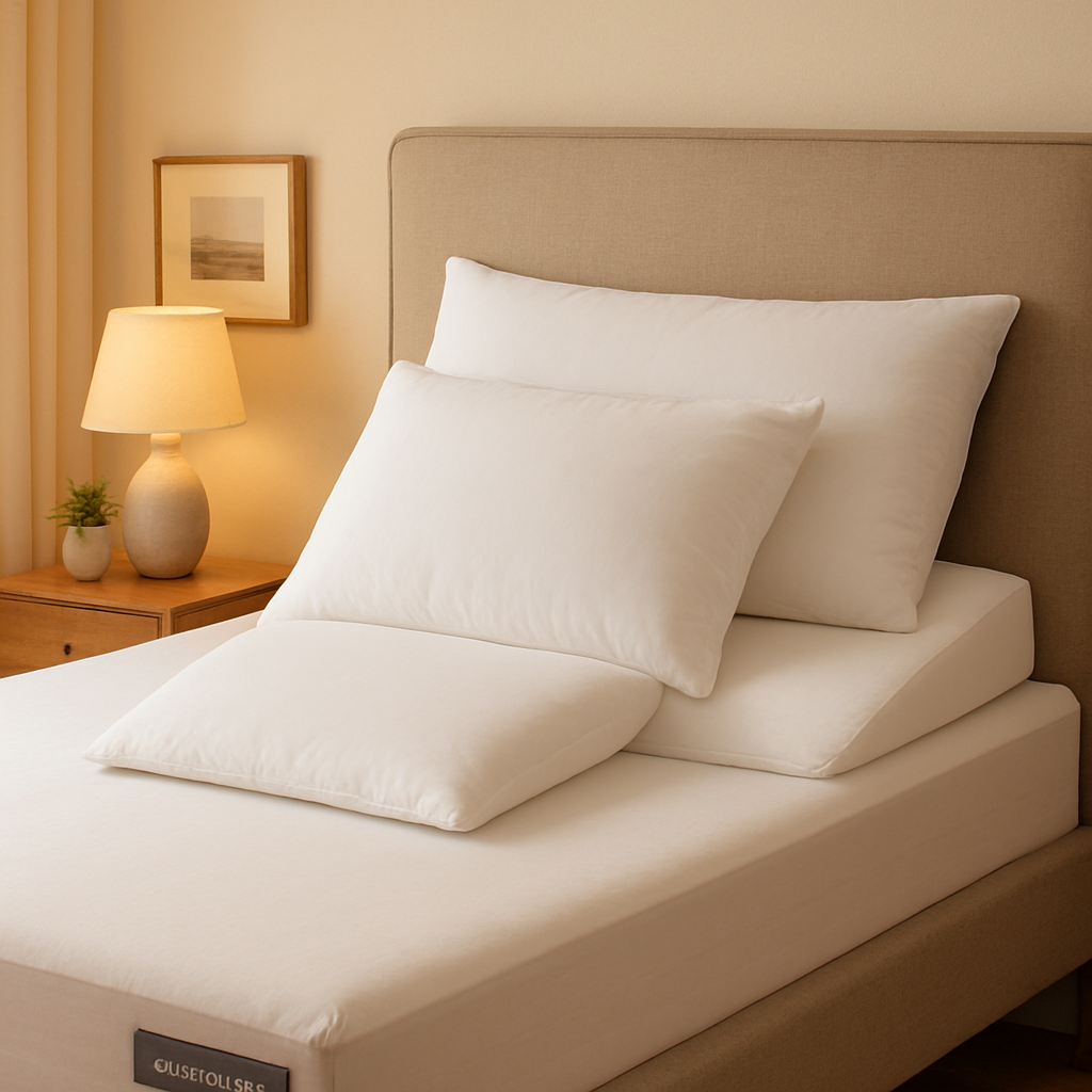 A cozy bedroom scene featuring a Sleep Sophie adjustable bed with a neatly arranged set of pillows – a firm foundation pillow, a plush side‑support pillow, and a wedge pillow under the knees. Alt: How to position pillows on adjustable bed with perfect pillow arrangement