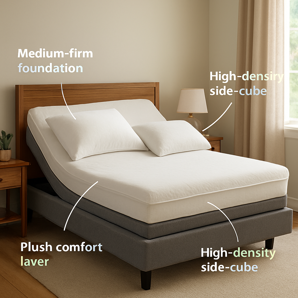 A cozy bedroom with an adjustable bed, showing a medium‑firm foundation pillow, a plush comfort layer, and a high‑density side‑cube pillow aligned at a 30‑degree head tilt. Alt: How to fine‑tune pillow angles on an adjustable bed.