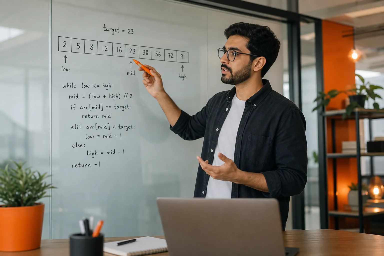 engineer explaining binary search code on a whiteboard