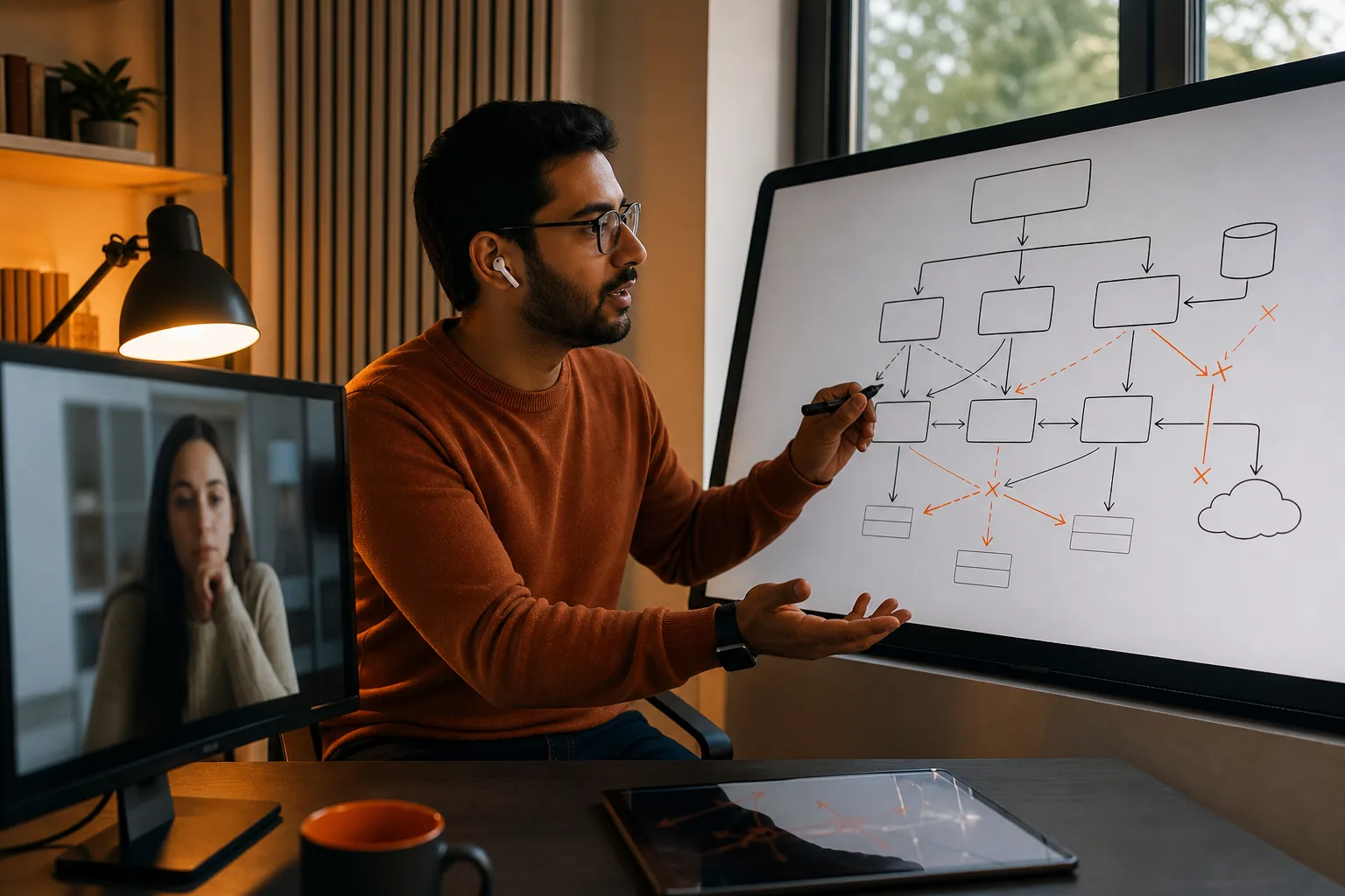 timed microservices mock interview with voice practice and system design diagram.