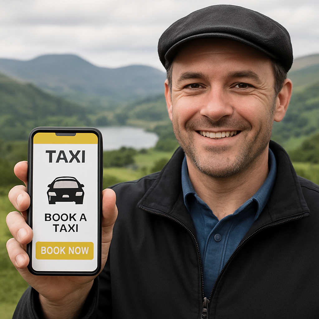 A friendly driver holding a smartphone showing a taxi booking app, with the Lake District hills in the background. Alt: Pre‑book taxi service in Kendal and surrounding villages