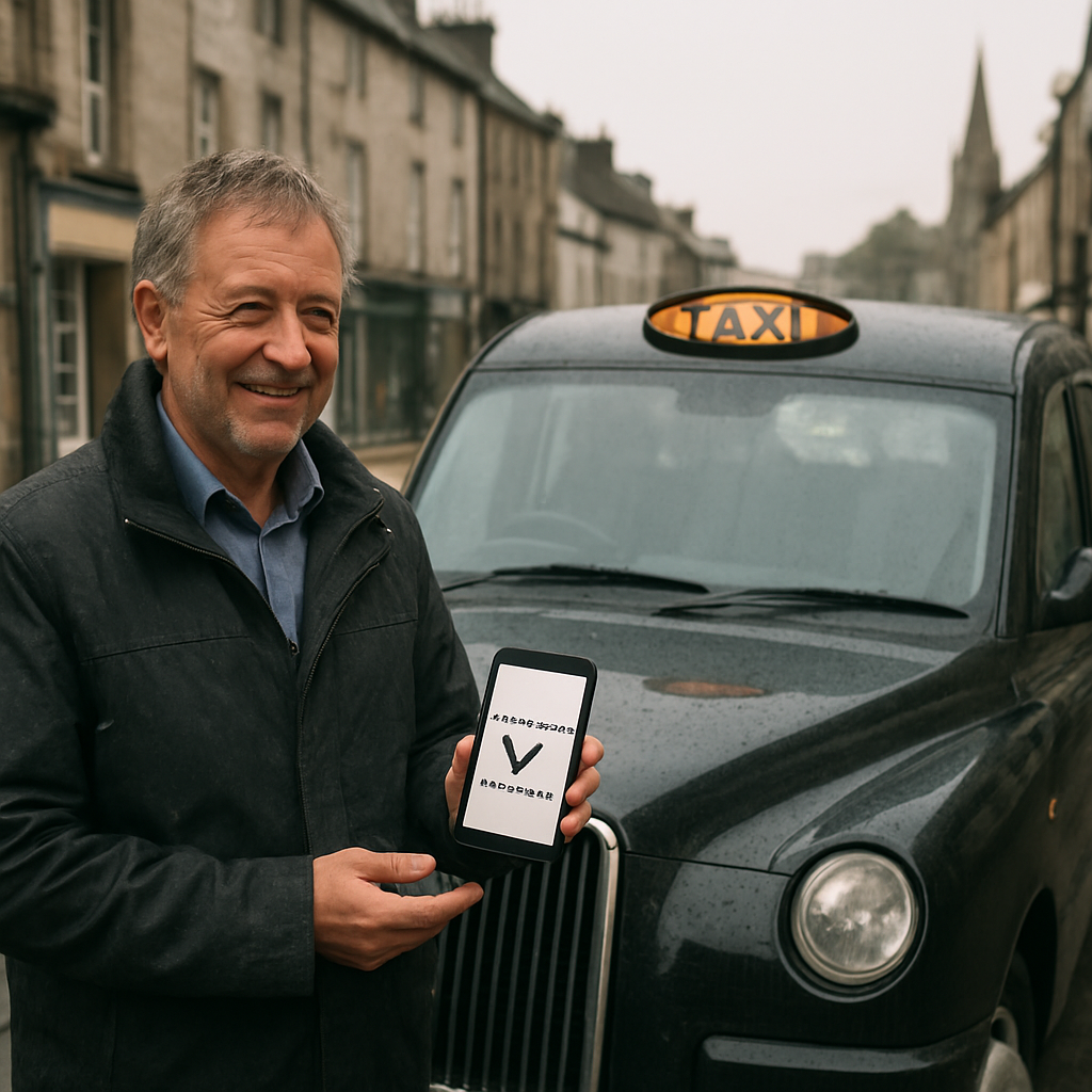 A friendly local taxi driver checking a smartphone with a confirmed booking, standing beside a black cab in a rain‑slicked street of Kendal. Alt: pre book taxi schedule confirmation in a Lake District town