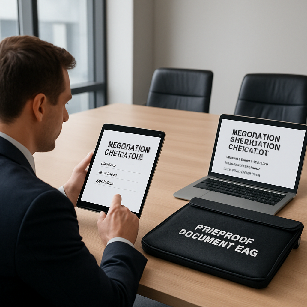 A sleek, modern conference room with a negotiator reviewing a one‑page objective sheet on a tablet, a fire‑proof document bag on the table, and a laptop displaying a negotiation prep checklist. Alt: Negotiation objectives preparation guide image.