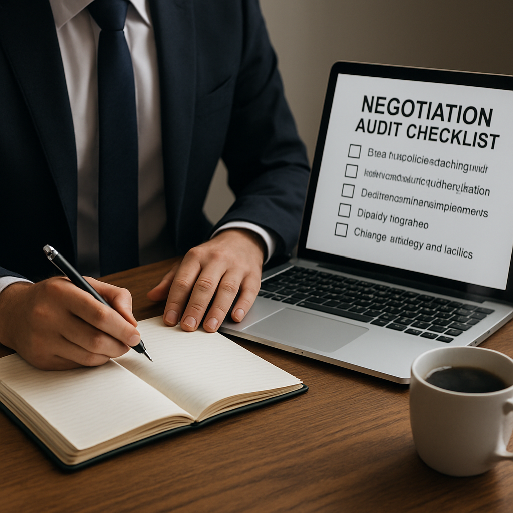 A professional sitting at a desk with a notebook, pen, and a laptop open to a negotiation audit checklist, coffee steaming nearby. Alt: Negotiation review checklist helps refine strategy after each deal.