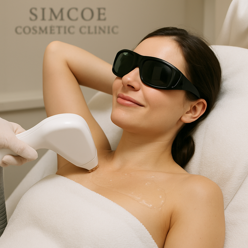 A relaxed client at a medspa having a laser hair removal session with protective goggles and cooling gel applied. Alt: Woman receiving laser hair removal treatment at Simcoe Cosmetic Clinic.