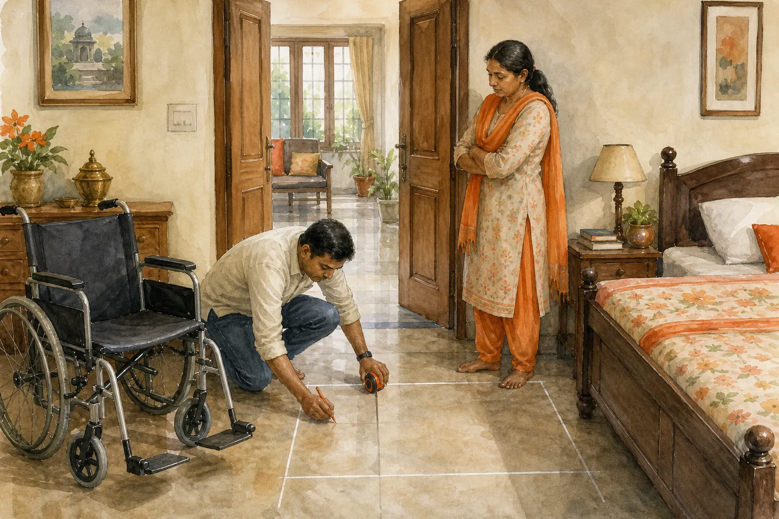 Measuring a bedroom and doorway before hospital bed installation at home in India.