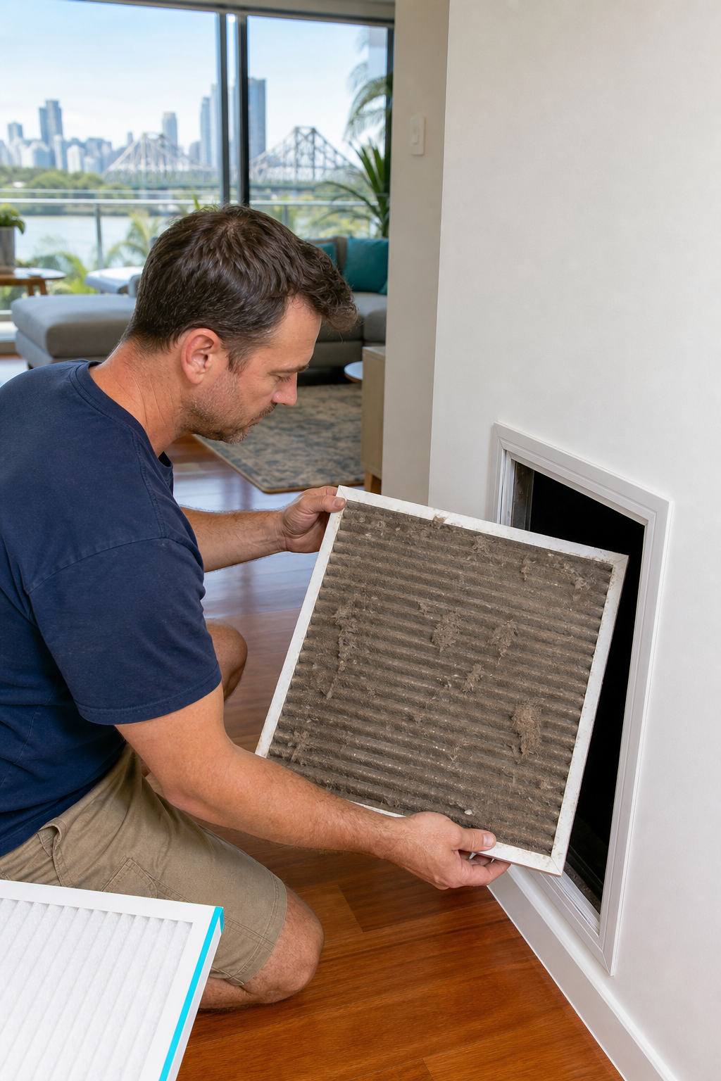 A homeowner removing a dirty air filter from a return air duct in a Brisbane home, with the filter visibly covered in dust and debris. Alt: Replacing a clogged air filter to prevent AC short cycling.