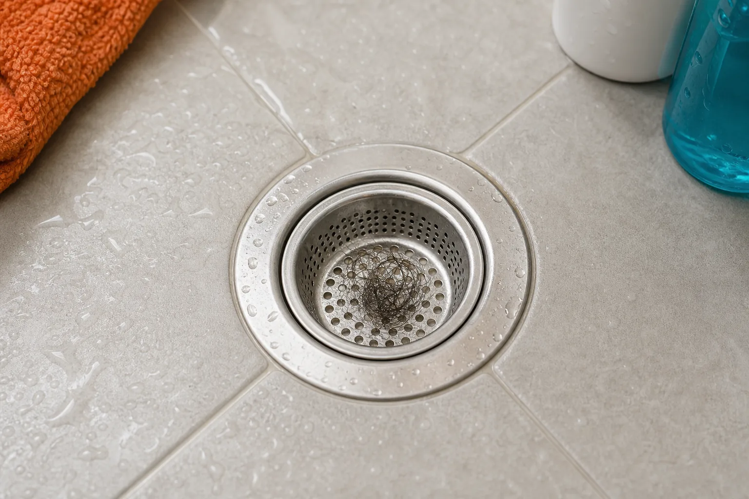 shower drain strainer catching hair to prevent clogs.
