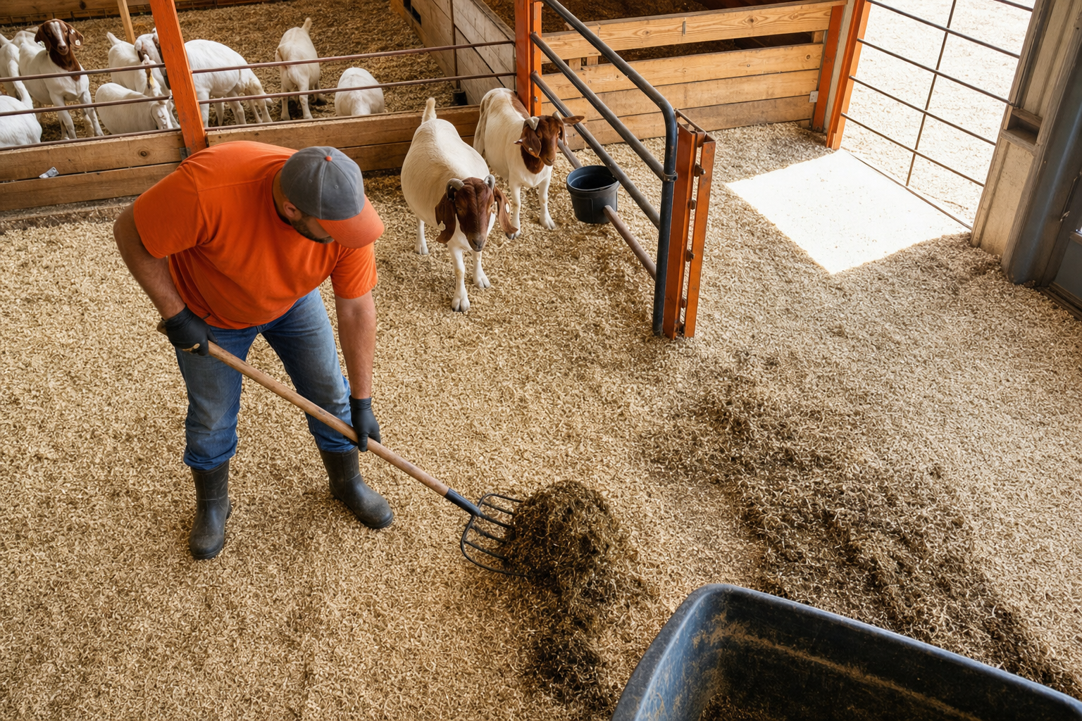 A realistic farmyard scene showing a person with a wheelbarrow removing soiled bedding from a small goat barn stall, golden morning light through the barn window, orange-toned warm atmosphere