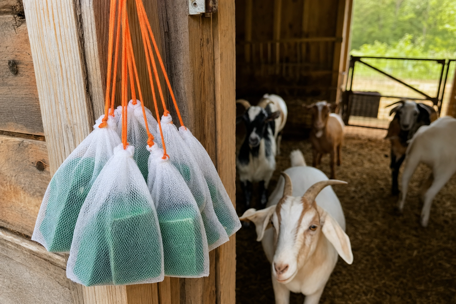 A realistic close-up of mesh laundry bags filled with Irish Spring soap bars hanging near a barn doorway, natural daylight filtering through wooden slats, warm earthy tones