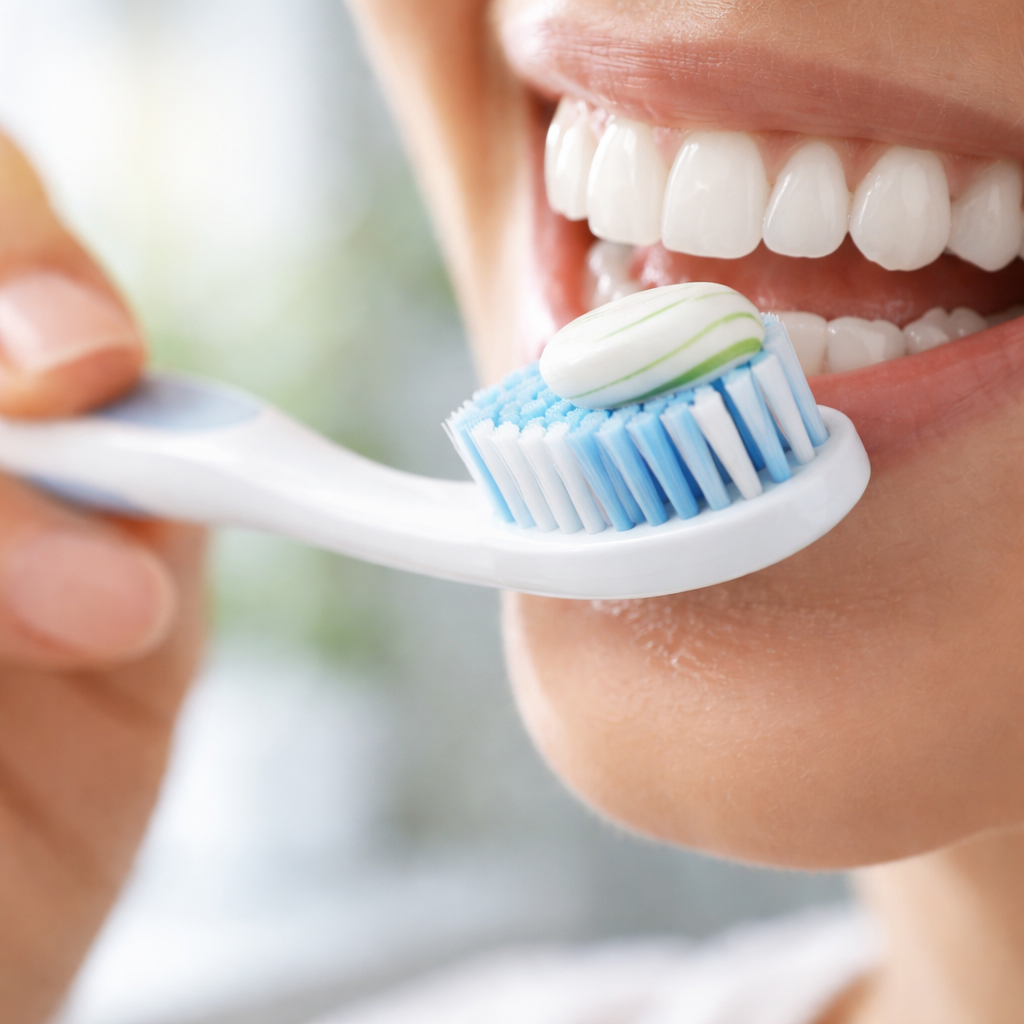 A photorealistic close‑up of a hand holding a soft‑bristled toothbrush with a pea‑sized dab of natural toothpaste, bright bathroom mirror reflection, gentle morning light, emphasizing gentle circular brushing motion. Alt: Proper brushing technique for preventing gingivitis naturally.