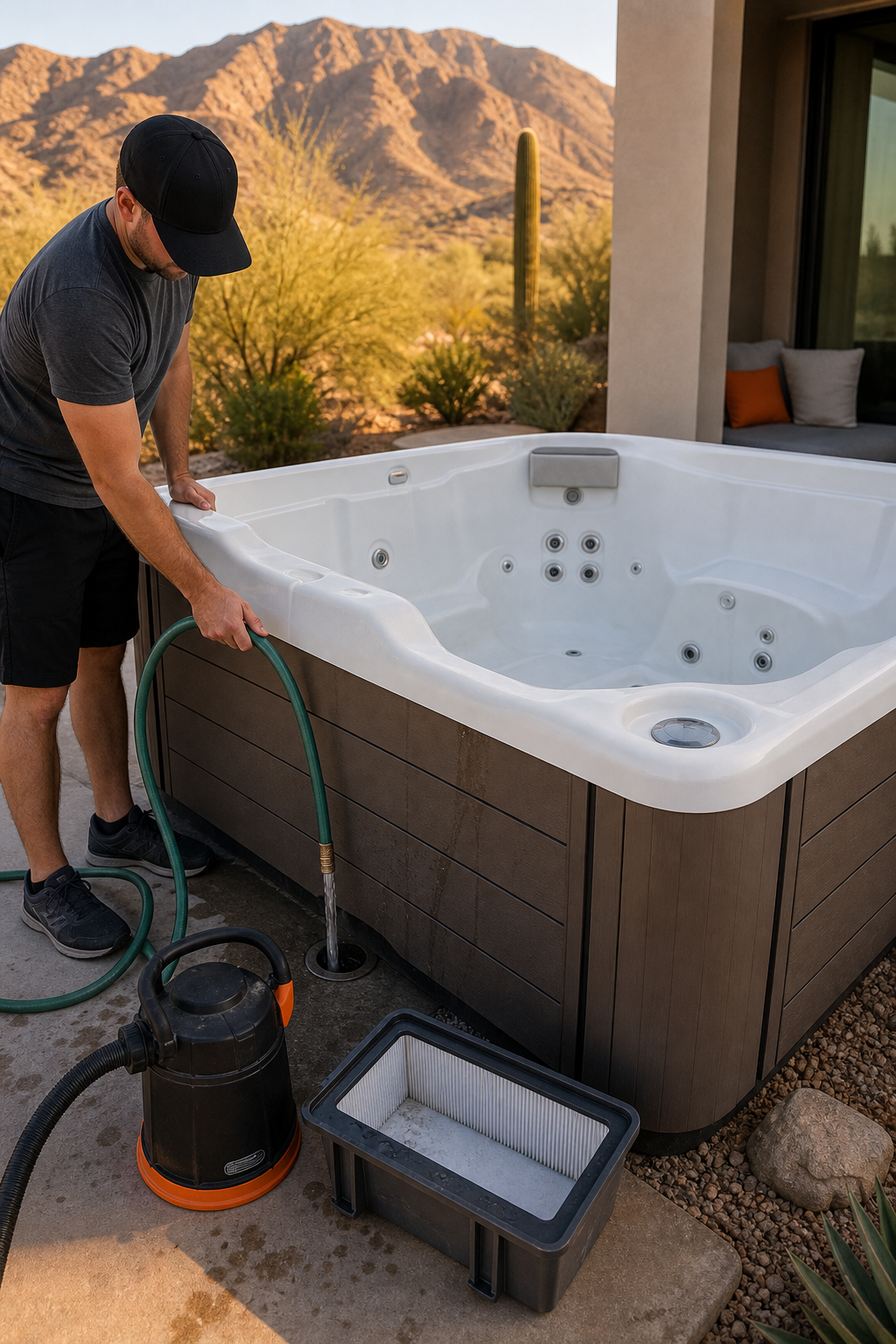 A realistic scene of a homeowner draining a desert hot tub using a garden hose, showing the empty tub, a pump, and a clean filter tray. Alt: draining and refilling a hot tub in desert climate
