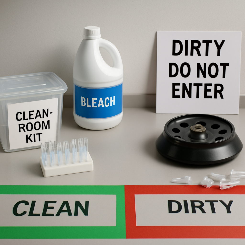 A photorealistic lab bench showing a green‑taped clean zone with filtered pipette tips, a bleach bottle, and a labeled “clean‑room kit”; adjacent red‑taped post‑PCR zone with used tubes, a centrifuge rotor, and a sign that reads “dirty – do not enter”. The scene is lit with natural lab lighting, emphasizing the clear colour separation. Alt: Laboratory workflow segregation to prevent PCR contamination.