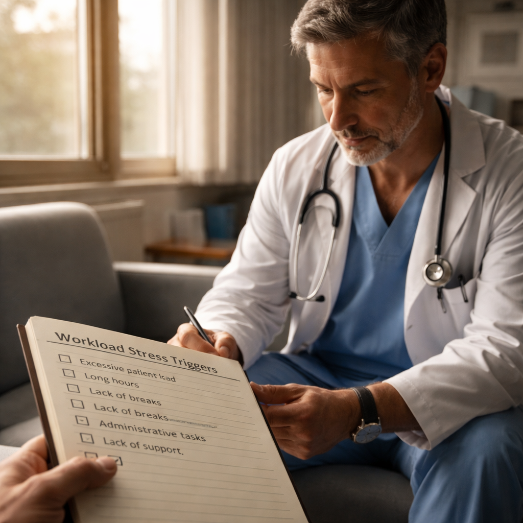 A cinematic, photorealistic scene of a doctor in a quiet hospital break room, holding a notebook and reflecting on a self‑assessment sheet, soft natural light streaming through a window, focus on the notebook, depth of field highlighting the calm moment. Alt: Doctor reviewing workload stress triggers in a break room.