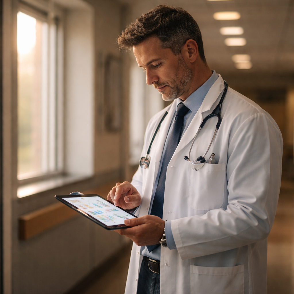 A cinematic, photorealistic scene of a physician standing in a quiet hospital hallway, checking a digital schedule on a tablet, soft natural light streaming through a window, showing a calm moment of planning. Alt: doctor optimizing schedule to prevent burnout