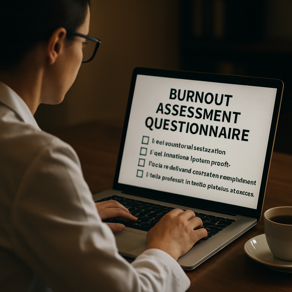 A clinician sitting at a desk with a laptop open, a burnout assessment questionnaire on the screen, a cup of tea nearby. Alt: Physician completing personal burnout assessment to prevent burnout.