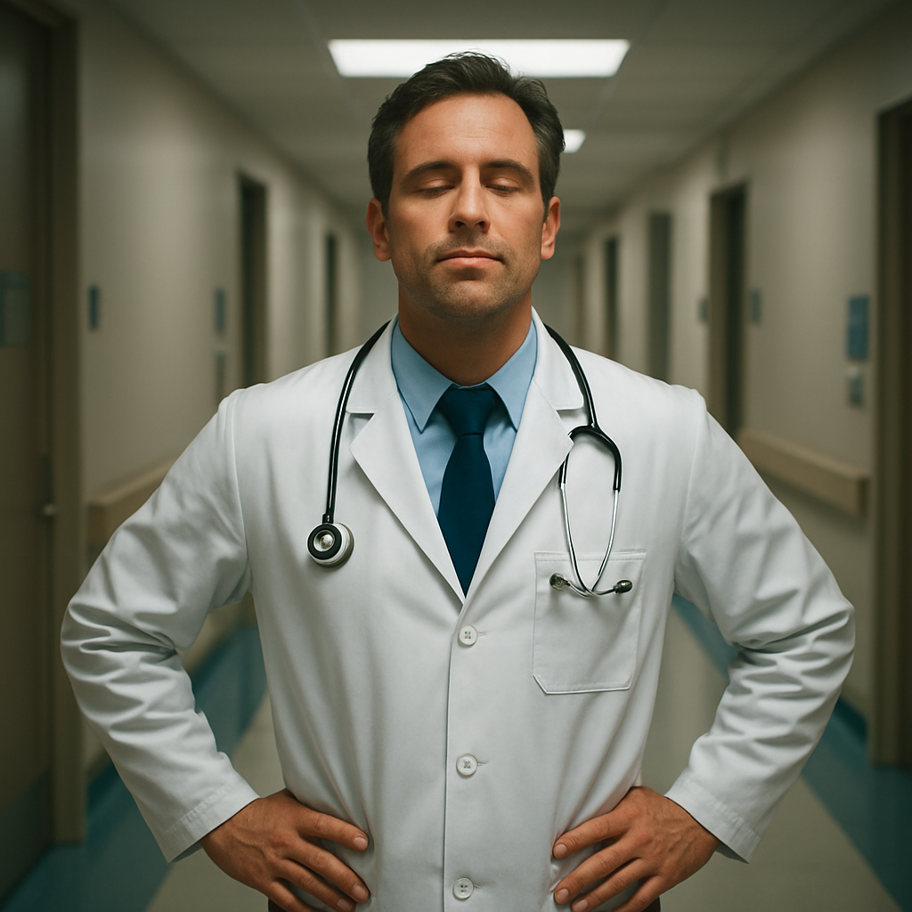 A clinician standing in a hospital corridor, eyes closed, hands on hips, taking a mindful breath. Alt: Physician practicing brief mindful walking to reduce stress