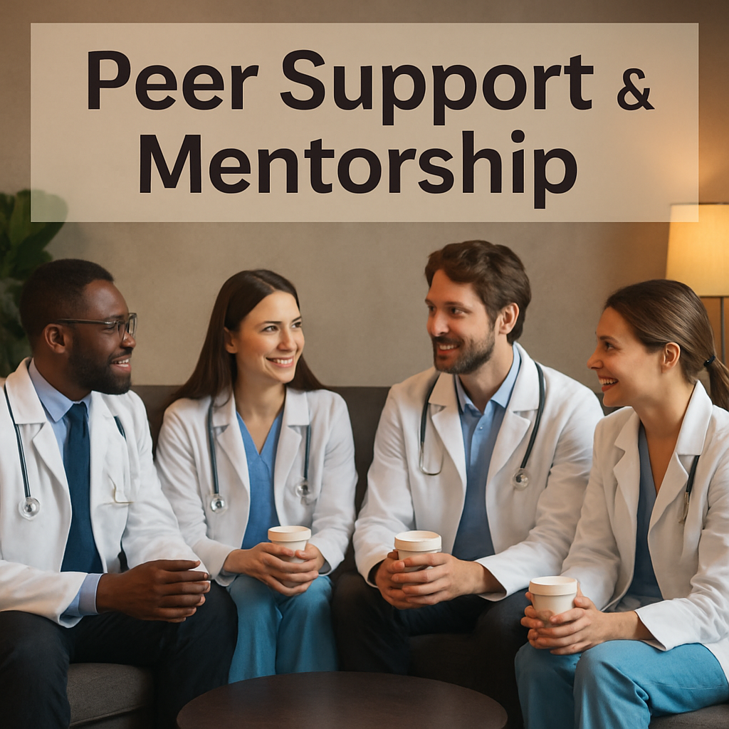 A group of physicians sitting in a comfortable lounge area, casually chatting over coffee, with a subtle banner that reads “Peer Support & Mentorship”. Alt: Clinicians building supportive networks to prevent burnout