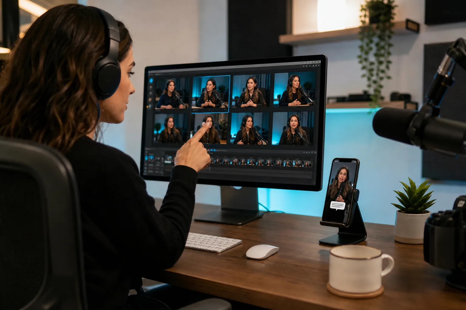 Podcast host preparing captioned vertical clips for social media promotion.