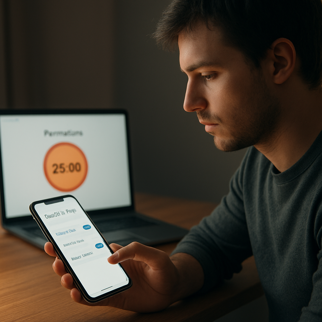 A photorealistic scene of a young adult sitting at a desk with a smartphone, reviewing privacy settings on multiple social media apps; the screen glows softly, showing toggles for “Private Account” and “Location Access”; background includes a laptop displaying a Pomodoro timer; the atmosphere is calm and focused, reflecting digital well‑being.