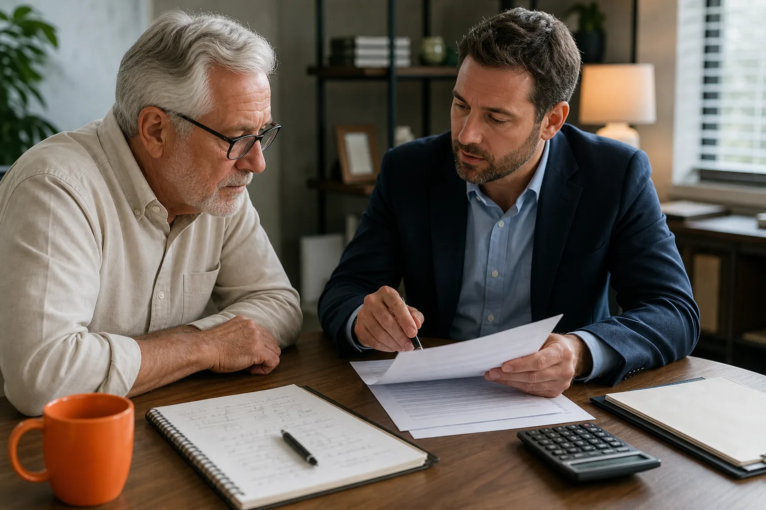 Retiree checking IUL fees, surrender charges, and policy risks with an advisor.