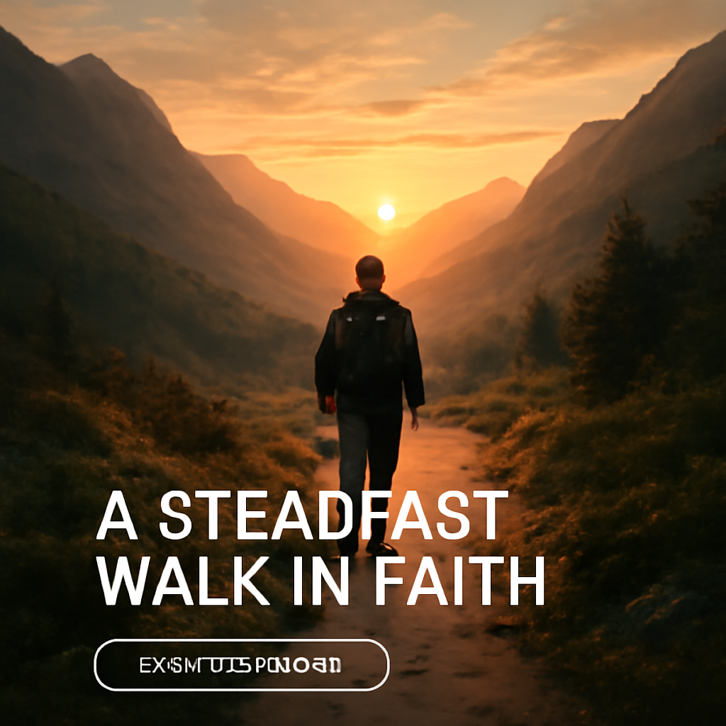 A serene mountain trail at sunrise, symbolizing a steadfast walk in faith. Alt: Person walking on a mountain path in the morning light