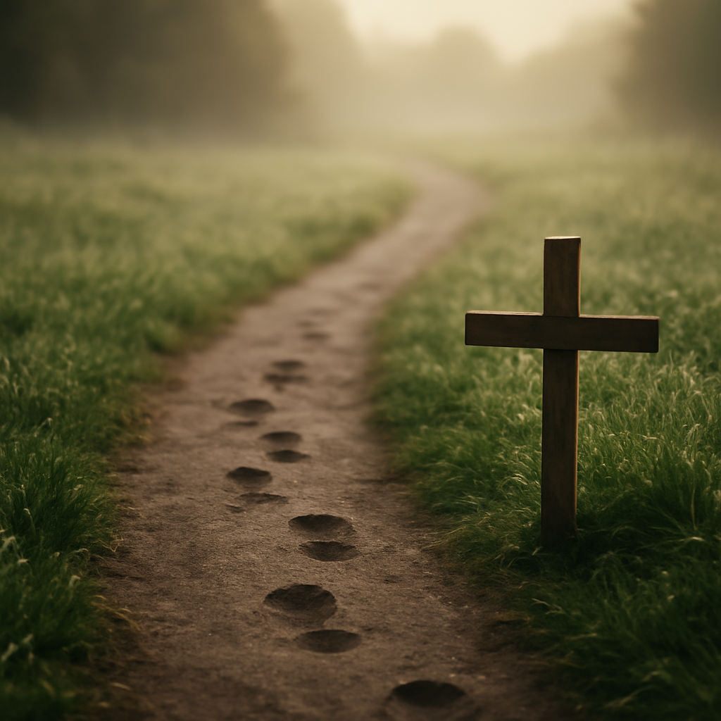 A serene early morning walk with dew on grass, a small wooden cross on a path, symbolizing walking in peace. Alt: Footsteps in dew, symbol of gospel of peace.