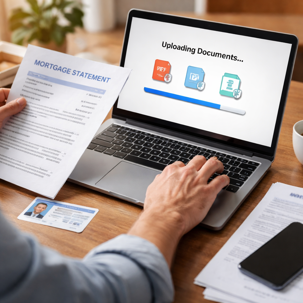 A realistic scene of a person uploading documents on a laptop, with a mortgage statement and ID visible. Alt: uploading application documents for mortgage protection insurance.