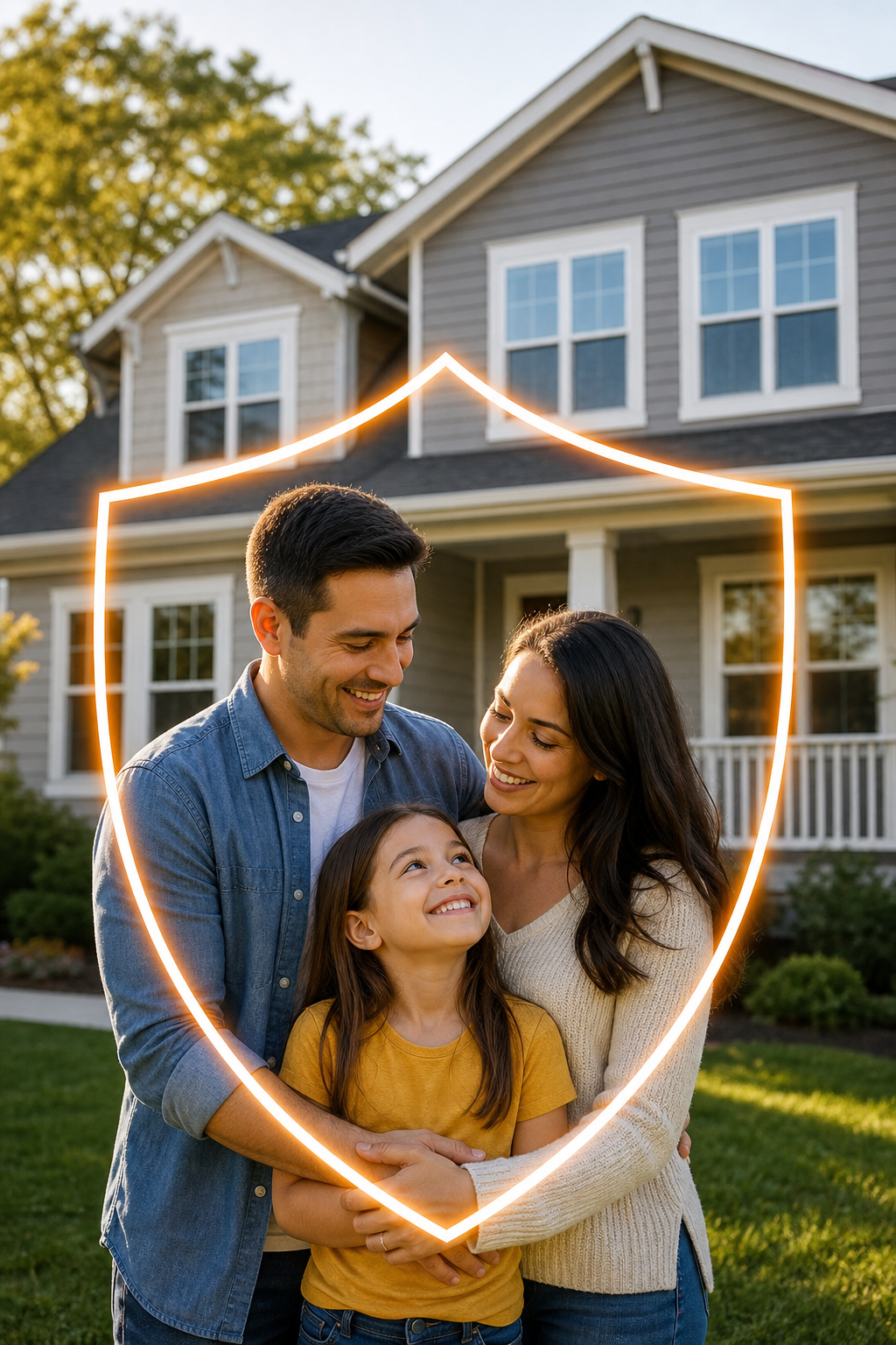 A realistic photo of a family home with a protective shield icon overlay, conveying security and peace of mind. Alt: Mortgage protection insurance for family home without medical exam.